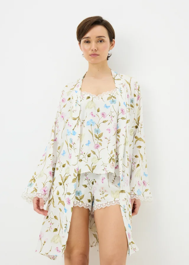 Cream Floral Viscose Dressing Gown