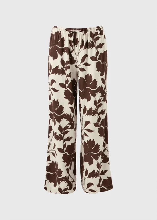 Chocolate Brown Leaf Linen Wide Leg Co Ord Trousers - Size 08 29 leg Image 4