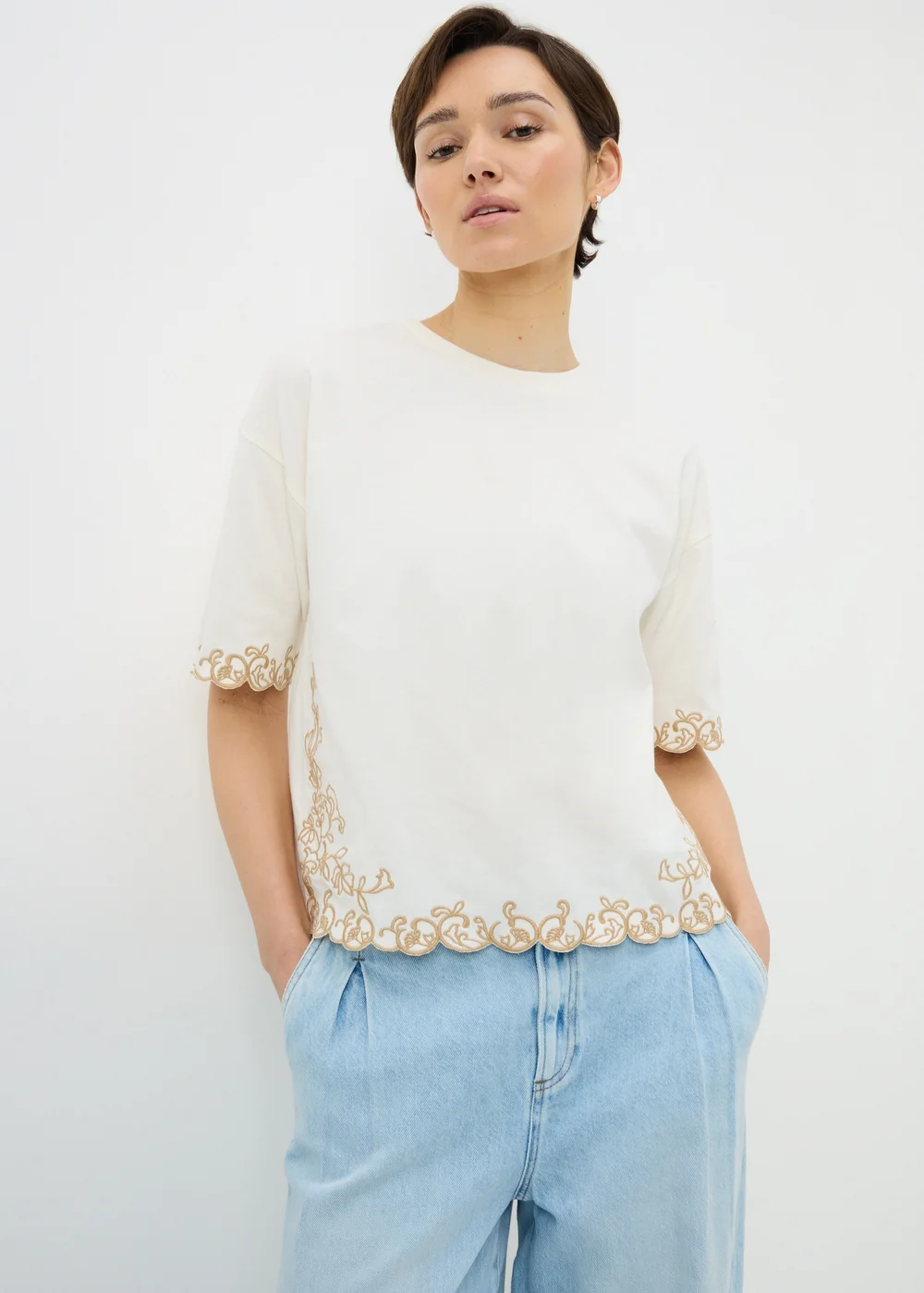 Cream Embroidered Boxy T-Shirt - Small Image 1
