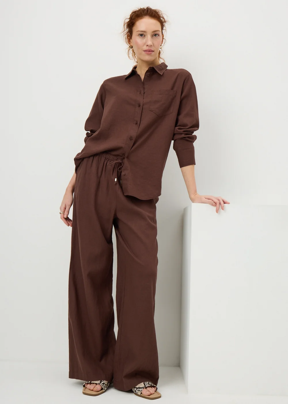 Chocolate Brown Linen Wide Leg Co Ord Trousers - Size 08 29 leg Image 1