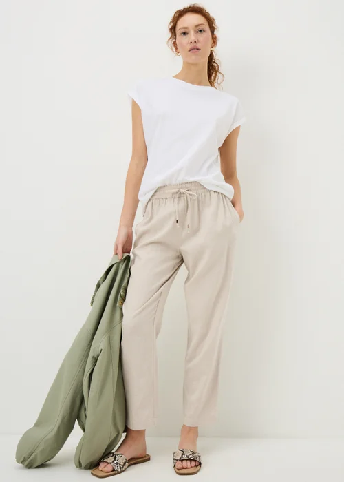 Oatmeal Linen Blend Tapered Trousers - Size 8 Image 1