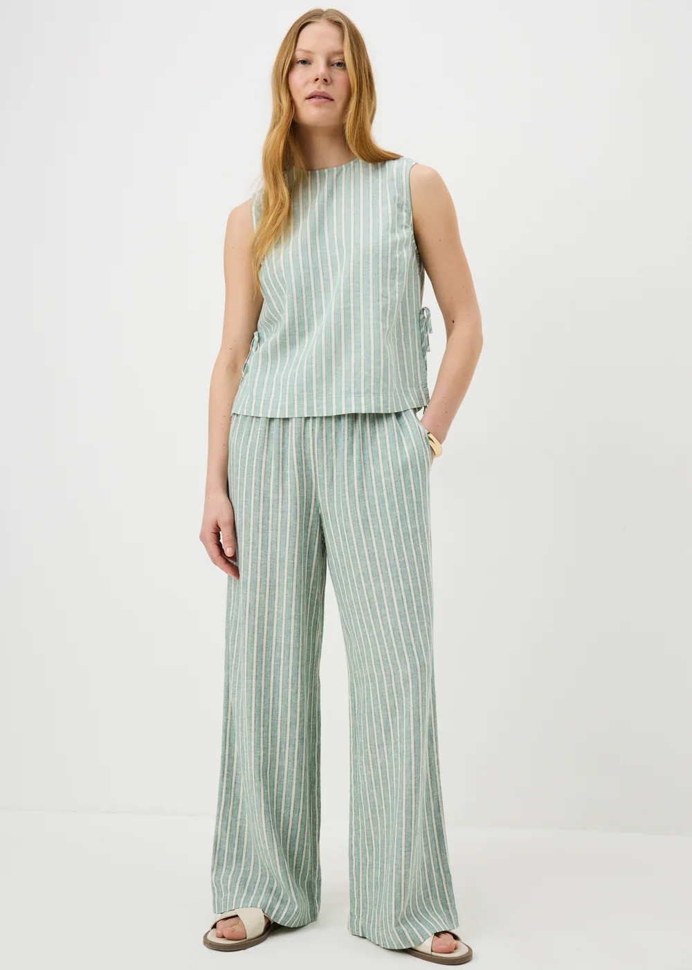 Green Stripe Linen Wide Leg Co Ord Trousers - Size 08 29 leg Image 1