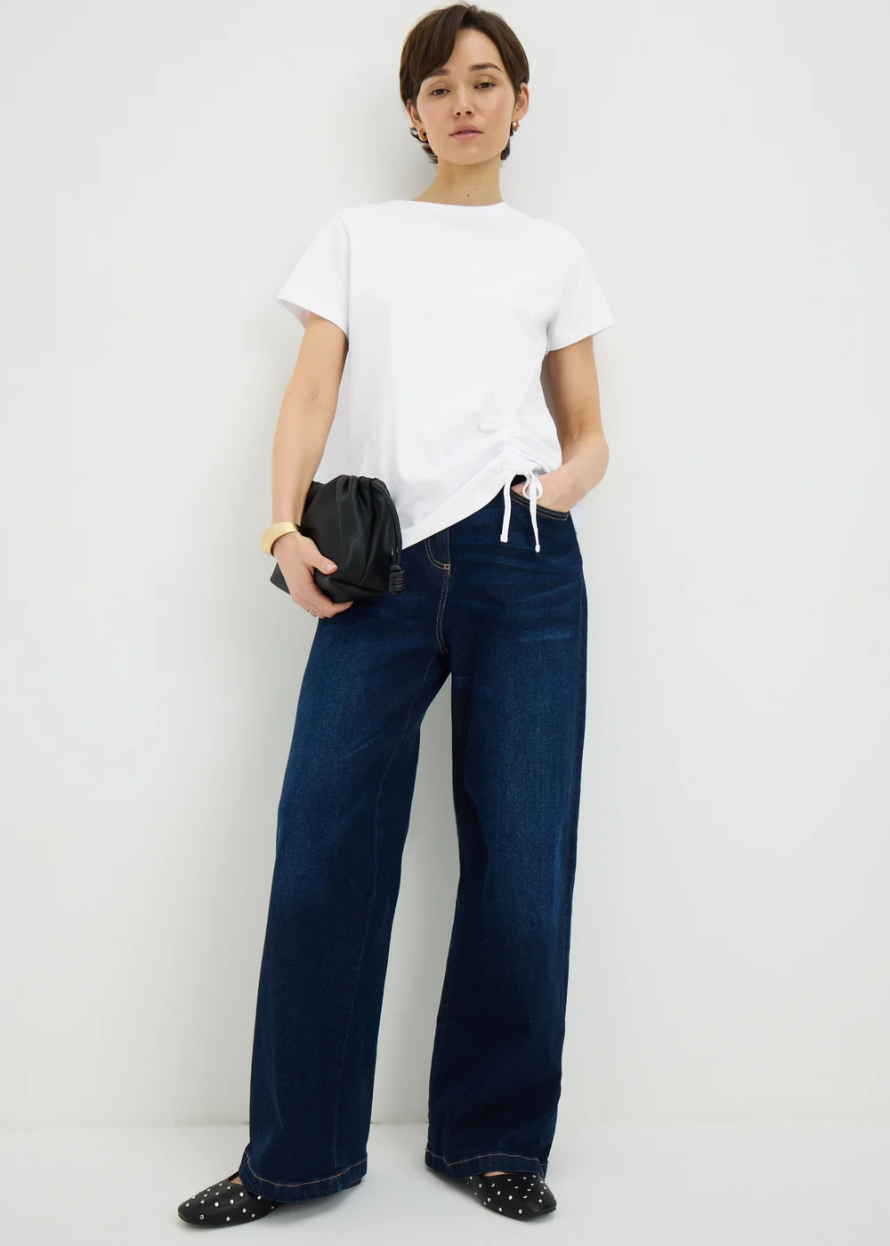 White Ruched Tie Front T-Shirt - Small Image 1