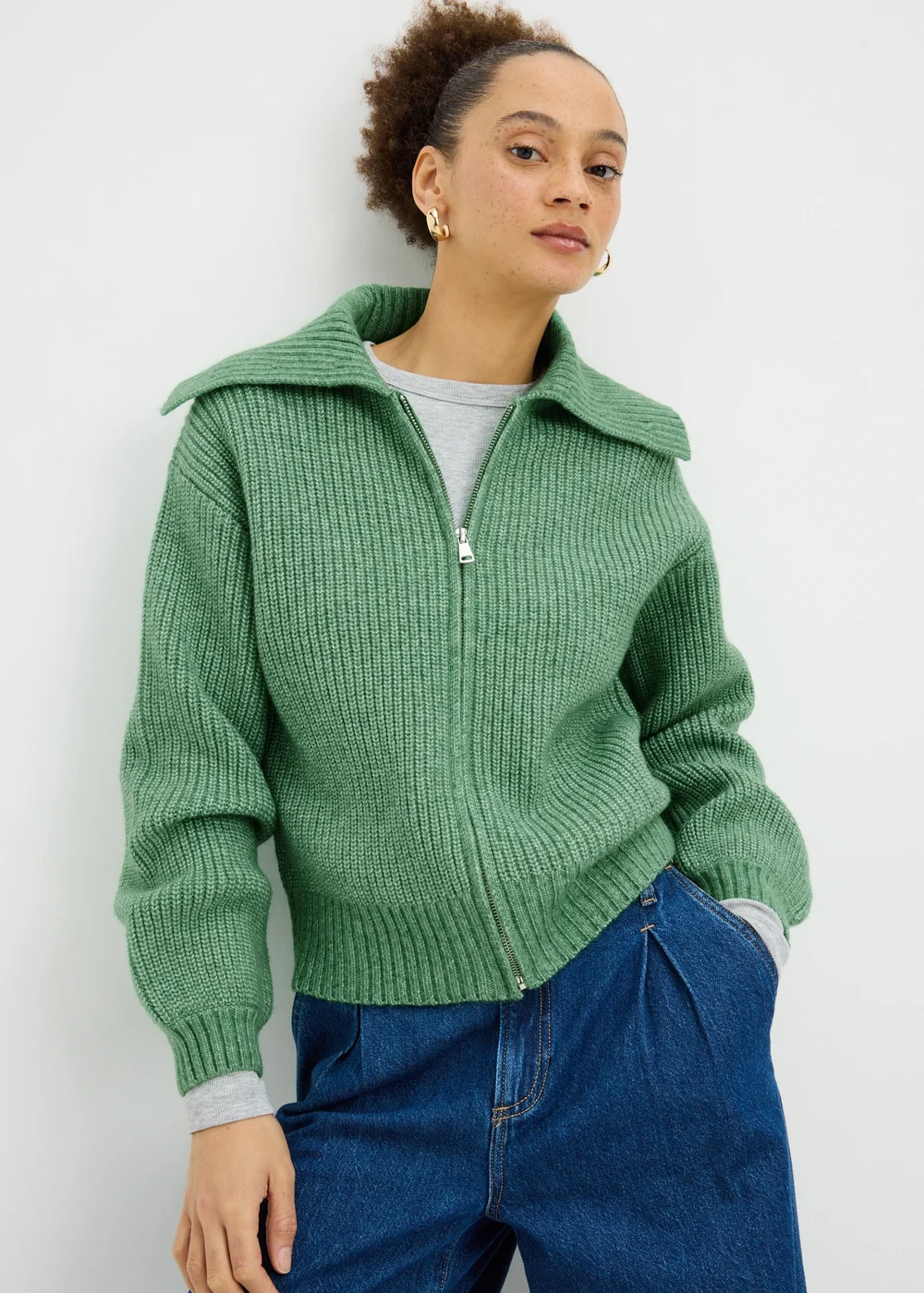 Green Zip Front Ribbed Cardigan - Extra small Image 1