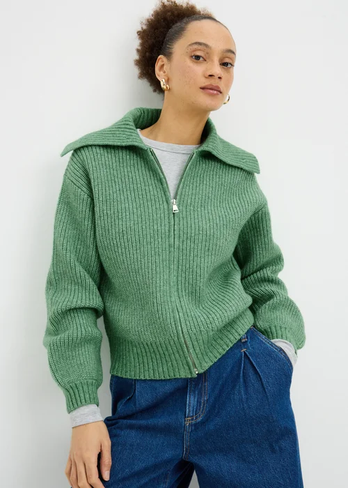 Green Zip Front Ribbed Cardigan - Extra small Image 1