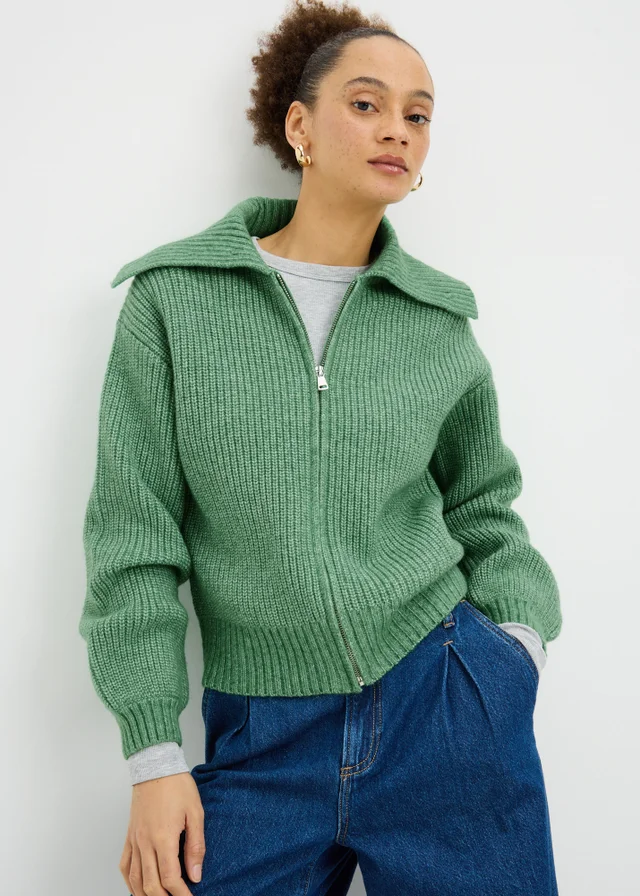 Green Zip Front Ribbed Cardigan
