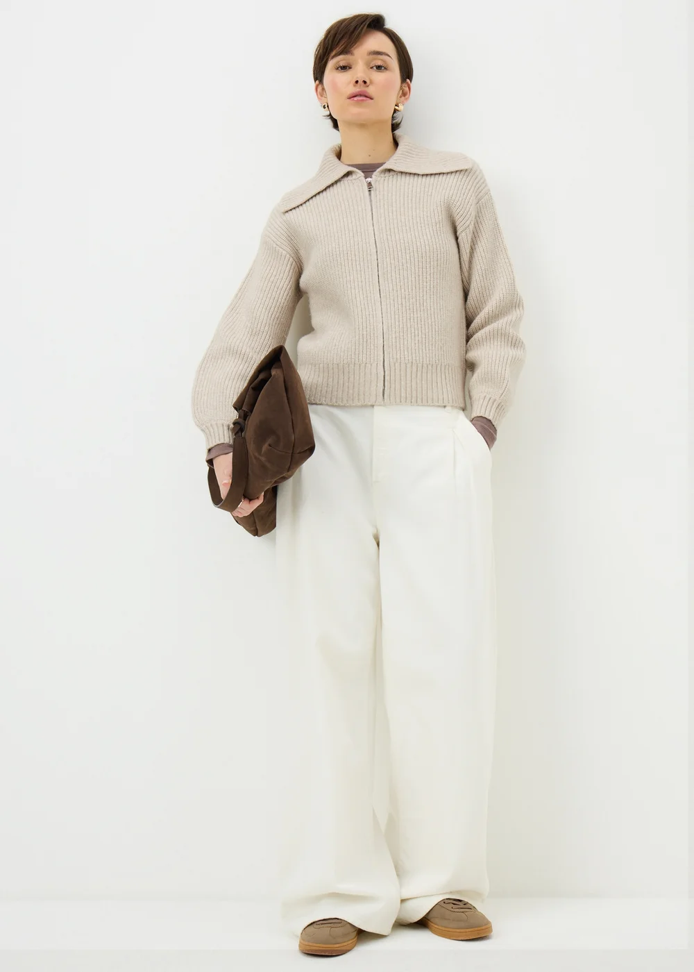 Oatmeal Zip Front Ribbed Cardigan - Extra small Image 2