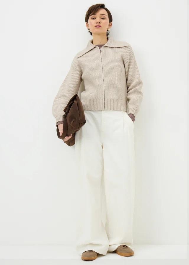 Oatmeal Zip Front Ribbed Cardigan