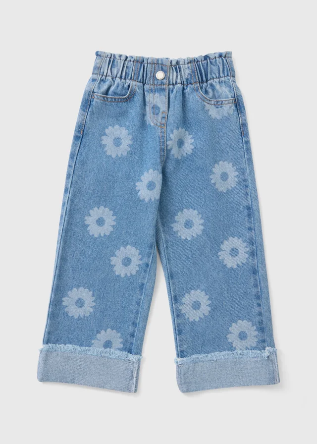 Girls Light Wash Floral Turn Up Jeans (1-7yrs)