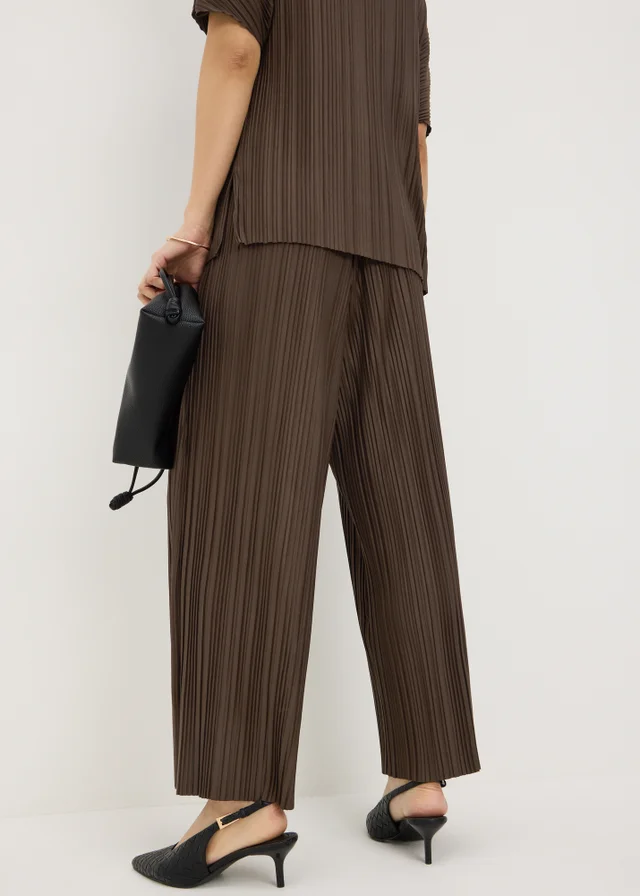 Chocolate Brown Plisse Wide Leg Co Ord Trousers