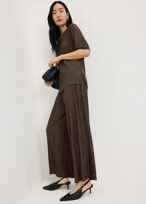 Chocolate Brown Plisse Wide Leg Co Ord Trousers - Size 08 29 leg Image 1