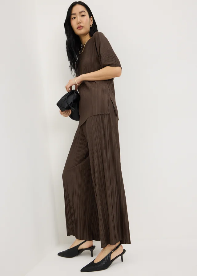 Chocolate Brown Plisse Wide Leg Co Ord Trousers