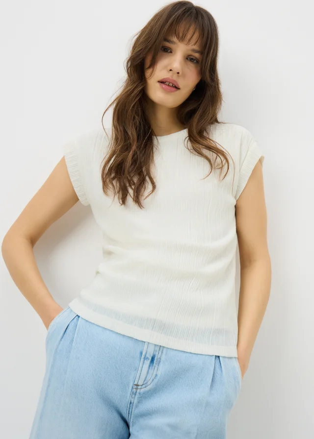 White Textured Cap Sleeve T-Shirt
