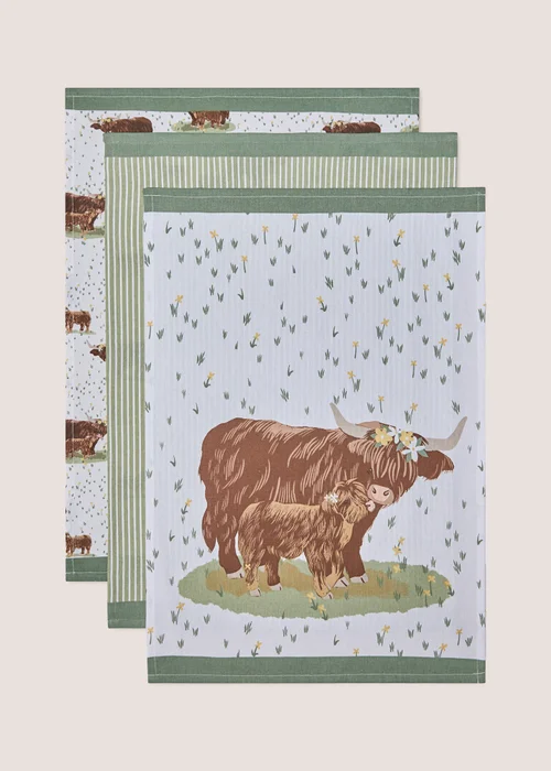 3 Pack Highland Cow Tea Towels Image 1