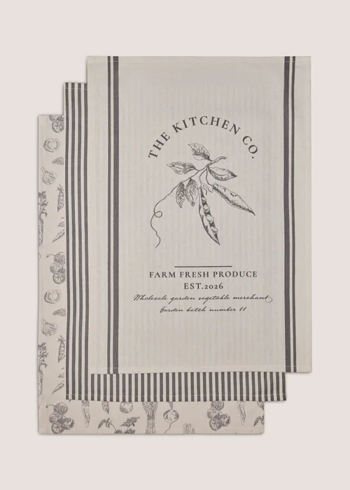 3 Pack Kitchen Co Veg Print Tea Towels Image 1