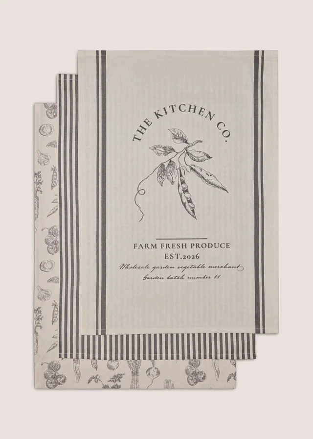 3 Pack Kitchen Co Veg Print Tea Towels