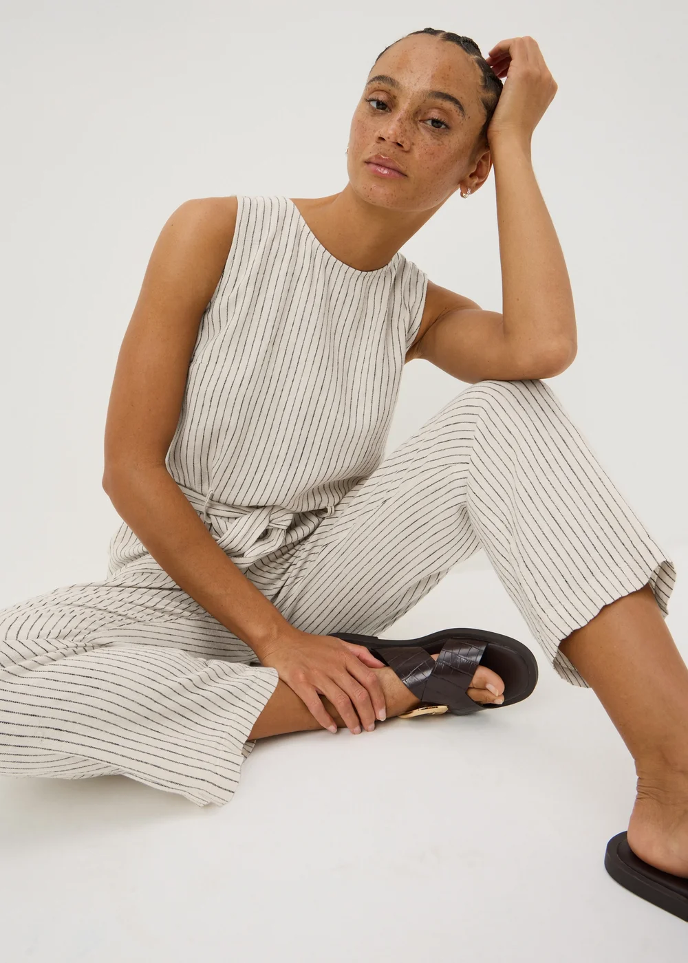 Stone Stripe Linen Belted Jumpsuit - Size 8 Image 2