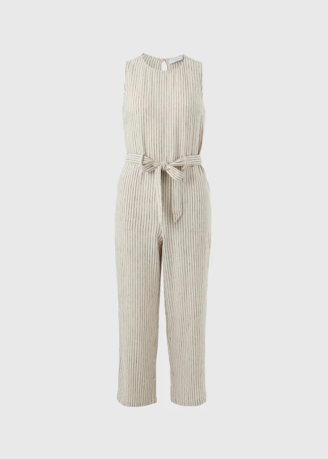 Stone Stripe Linen Belted Jumpsuit