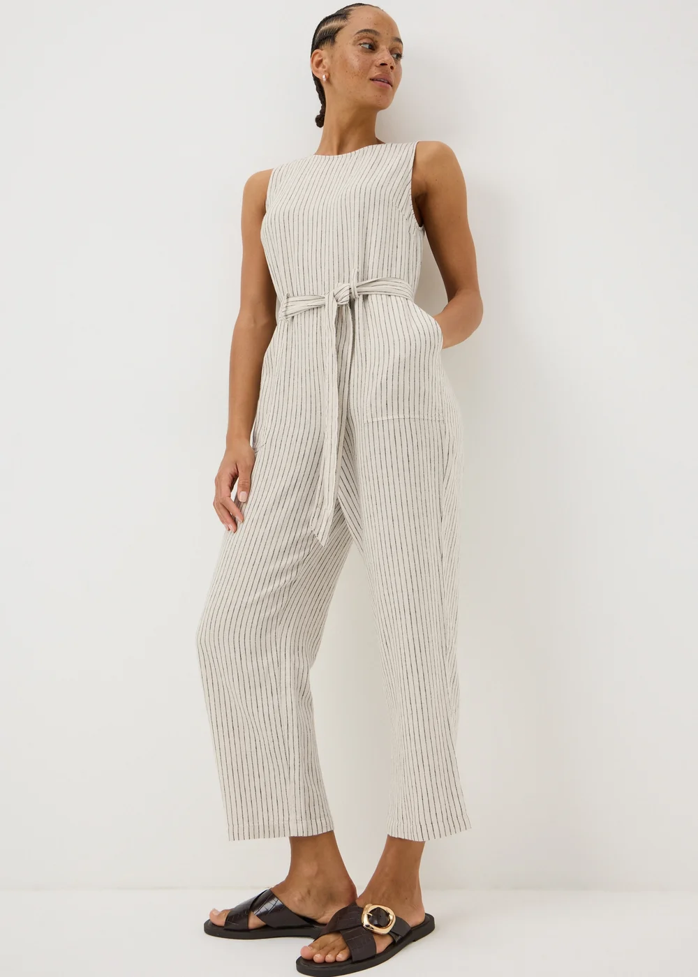 Stone Stripe Linen Belted Jumpsuit - Size 8 Image 1