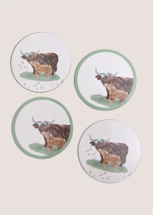 4 Pack Highland Cow Coasters Image 1
