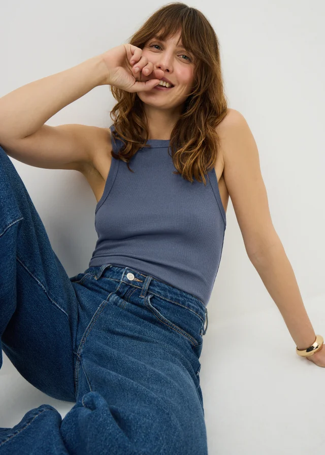 Slate Ribbed High Neck Vest Top