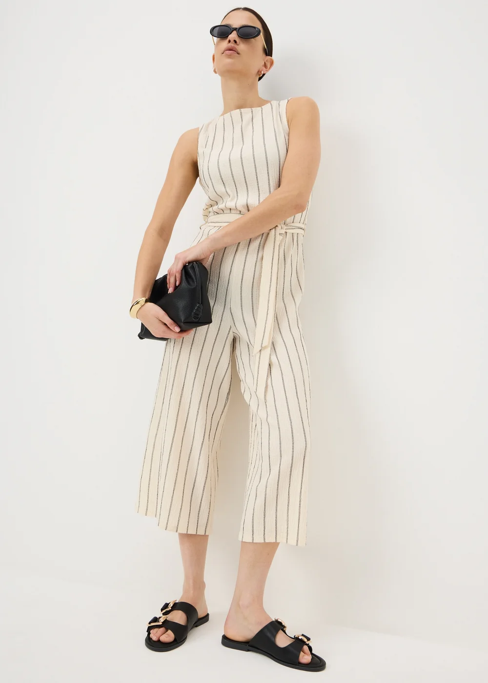 Cream Stripe Belted Culotte Jumpsuit - Size 8 Image 1