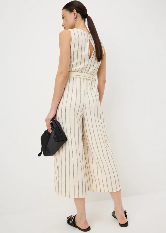 Cream Stripe Belted Culotte Jumpsuit