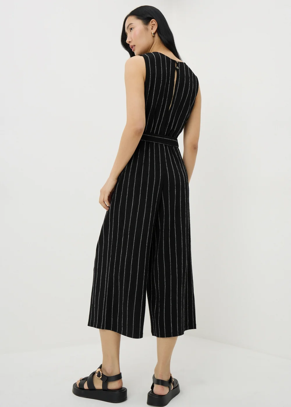 Black Stripe Belted Culotte Jumpsuit - Size 8 Image 3
