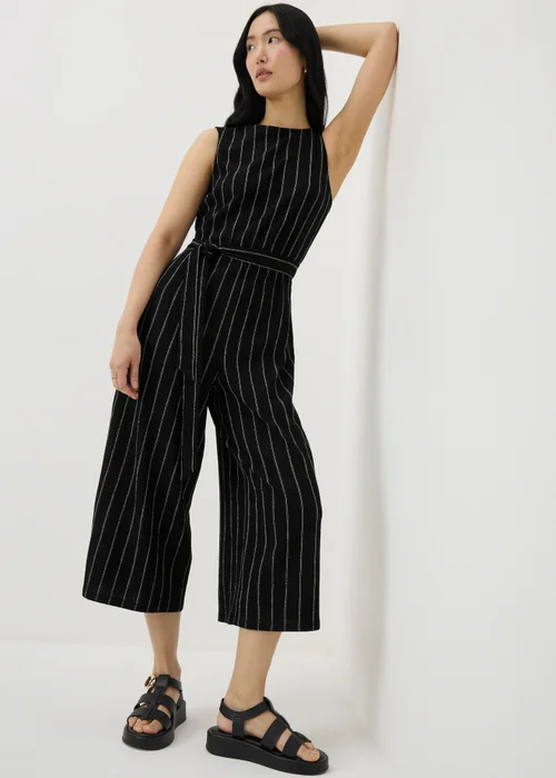 Black Stripe Belted Culotte Jumpsuit - Size 8 Image 1