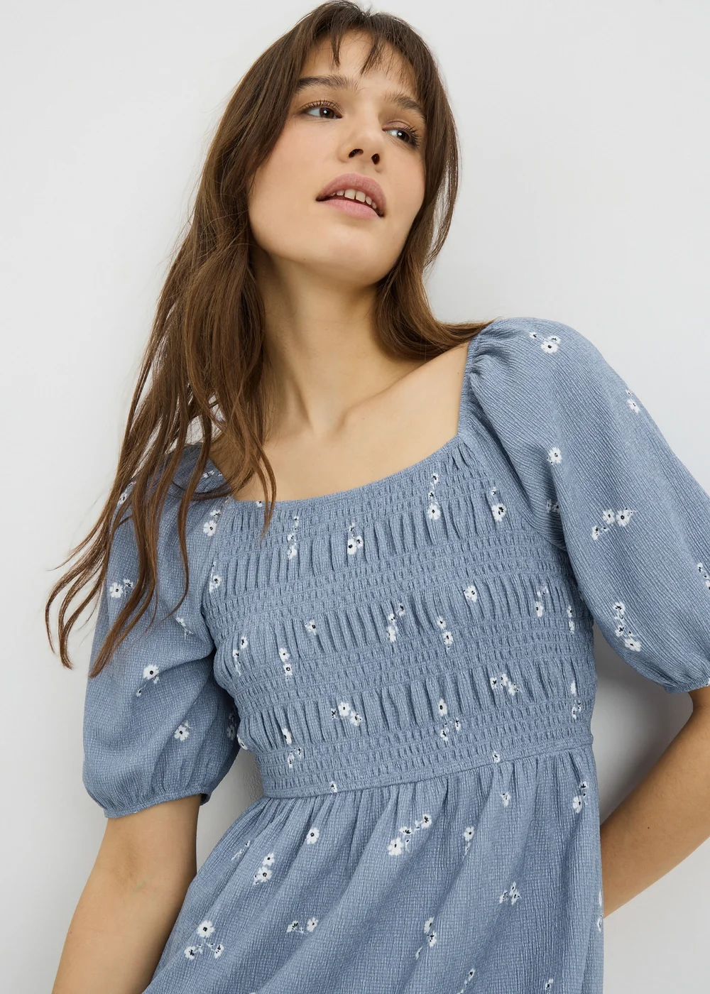 Blue Ditsy Floral Jersey Shirred Midi Dress - 26 Image 3