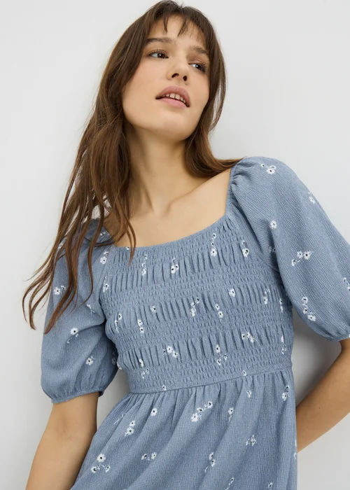 Blue Ditsy Floral Jersey Shirred Midi Dress - 8 Image 3