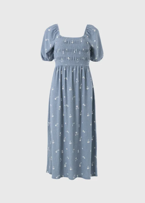 Blue Ditsy Floral Jersey Shirred Midi Dress - 8 Image 4