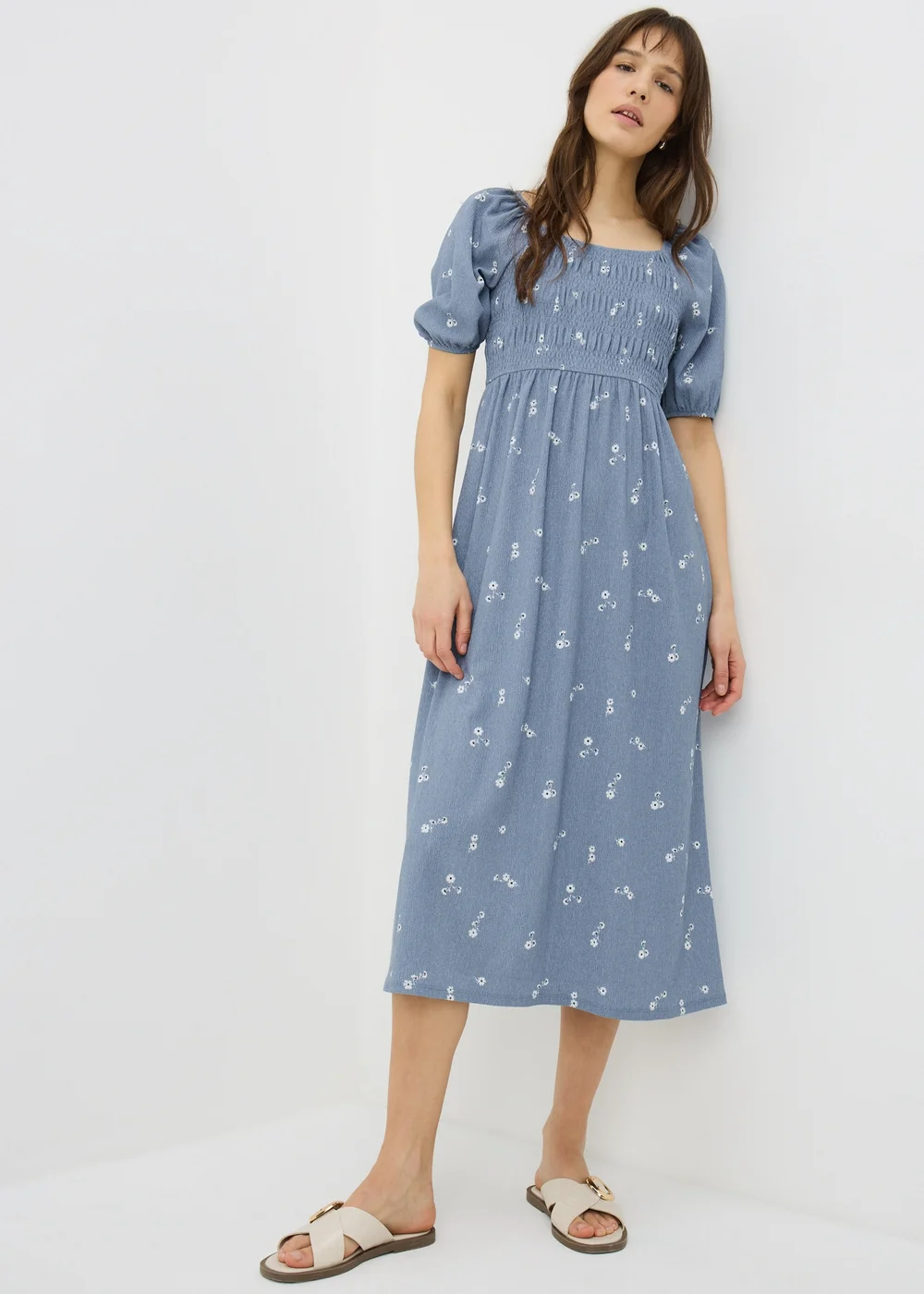 Blue Ditsy Floral Jersey Shirred Midi Dress - 8 Image 1