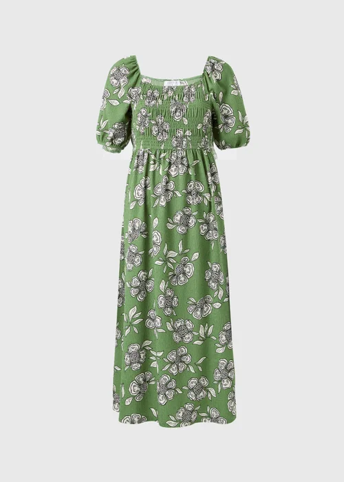 Green Floral Jersey Shirred Midi Dress - Size 8 Image 4