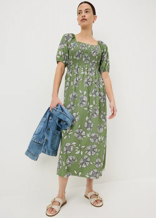 Green Floral Jersey Shirred Midi Dress - Size 8 Image 2