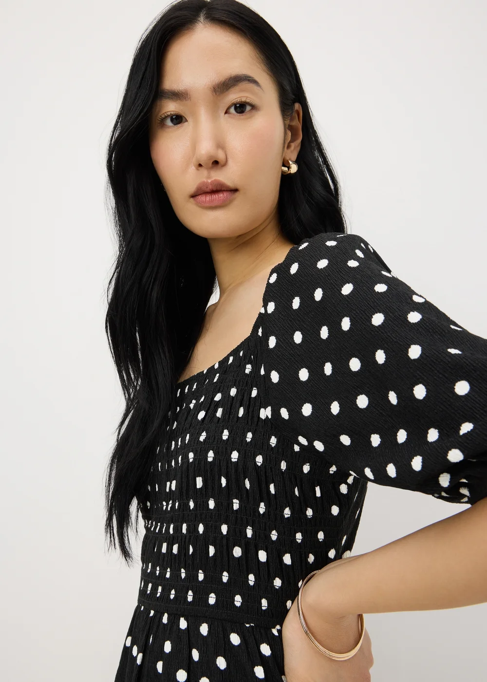 Black Polka Dot Jersey Shirred Midi Dress - 8 Image 2