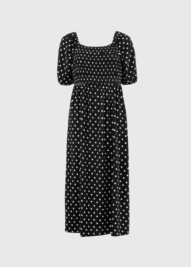Black Polka Dot Jersey Shirred Midi Dress