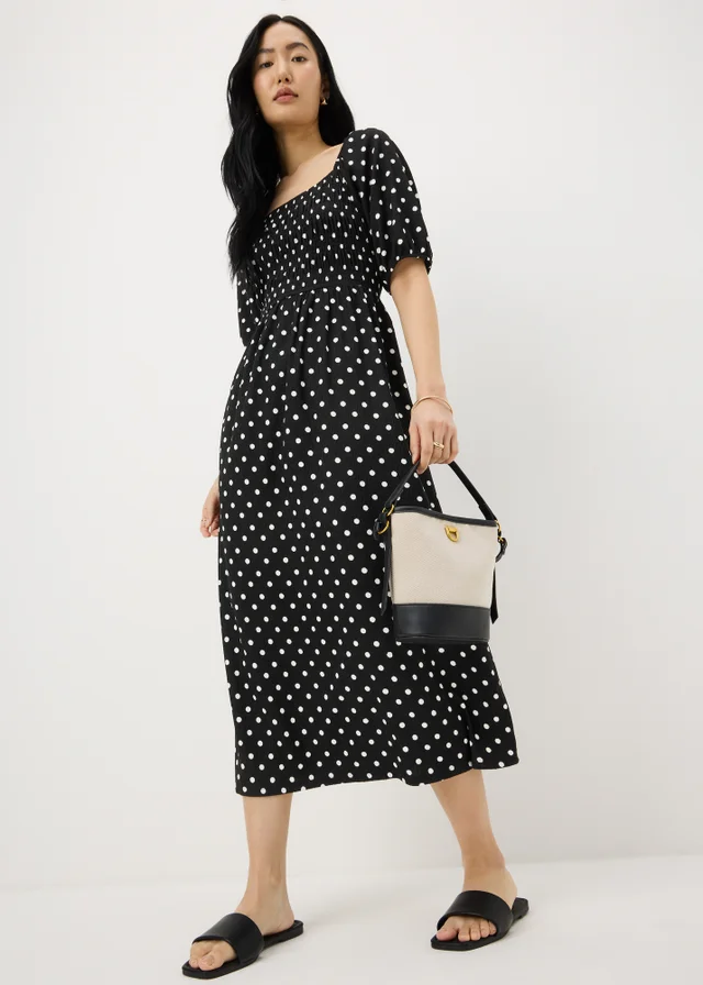 Black Polka Dot Jersey Shirred Midi Dress