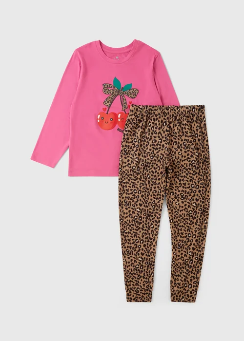 Girls Fuchsia Cherry Leopard Long Pyjama Set (1-7yrs) - 1 to 1 half years Image 1