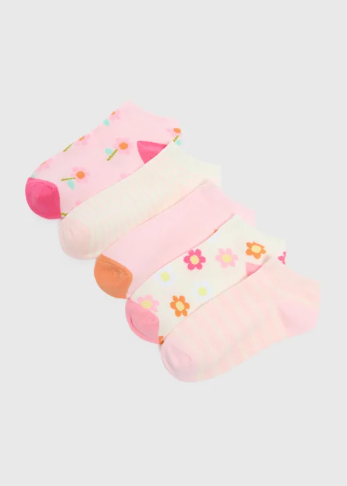 5 Pack Girls Pink Floral Stripe Trainer Socks (Younger 6-Older 6.5) - Sizes 6 - 8.5 Image 1
