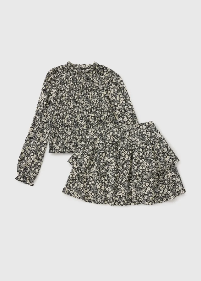 Girls Cream Floral Crinkle Frill Top & Skirt Set (7-15yrs)