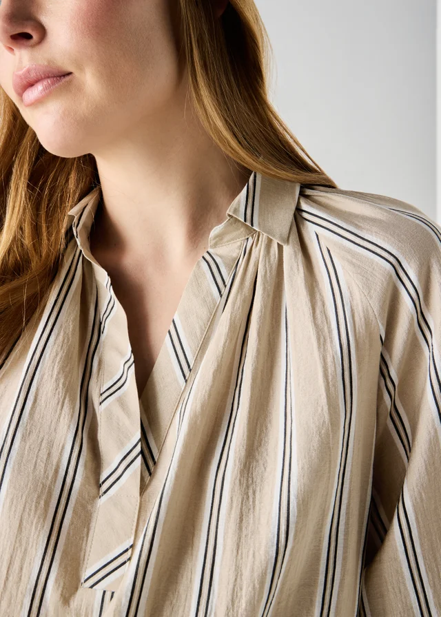 Et Vous Camel Stripe Popover Blouse