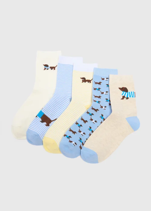 5 Pack Blue Sausage Dog Ankle Socks - One Size Image 1