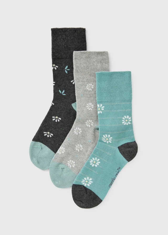 3 Pack Blue Floral Gentle Grip Ankle Socks