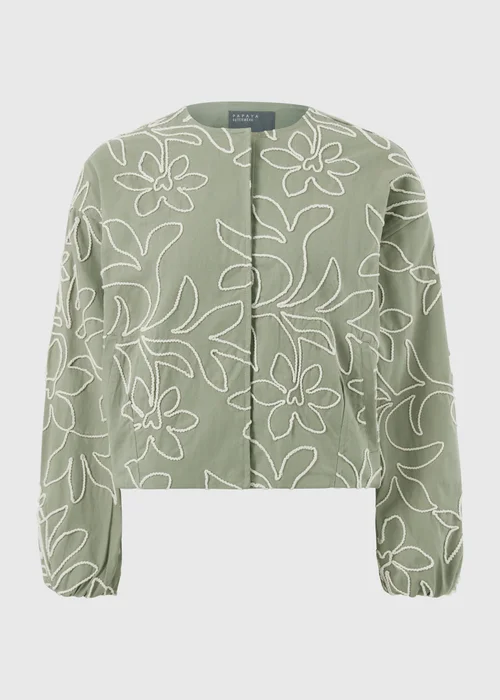 Sage Green Floral Embroidered Bomber Jacket - Size 8 Image 4