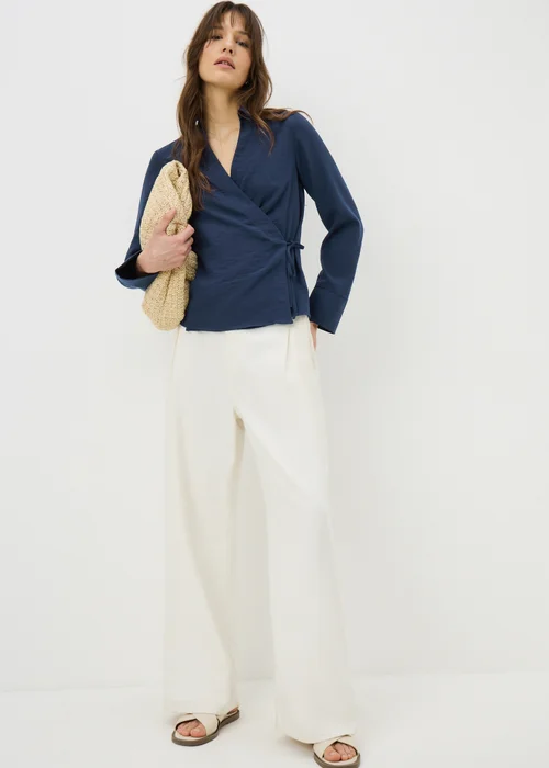 Navy Tie Waist Wrap Front Shirt - Size 8 Image 3