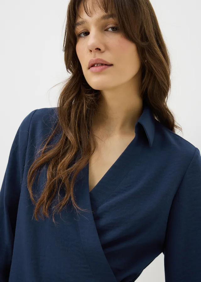Navy Tie Waist Wrap Front Shirt