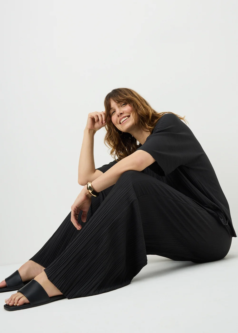 Black Plisse Wide Leg Co Ord Trousers - 14/L29 Image 2