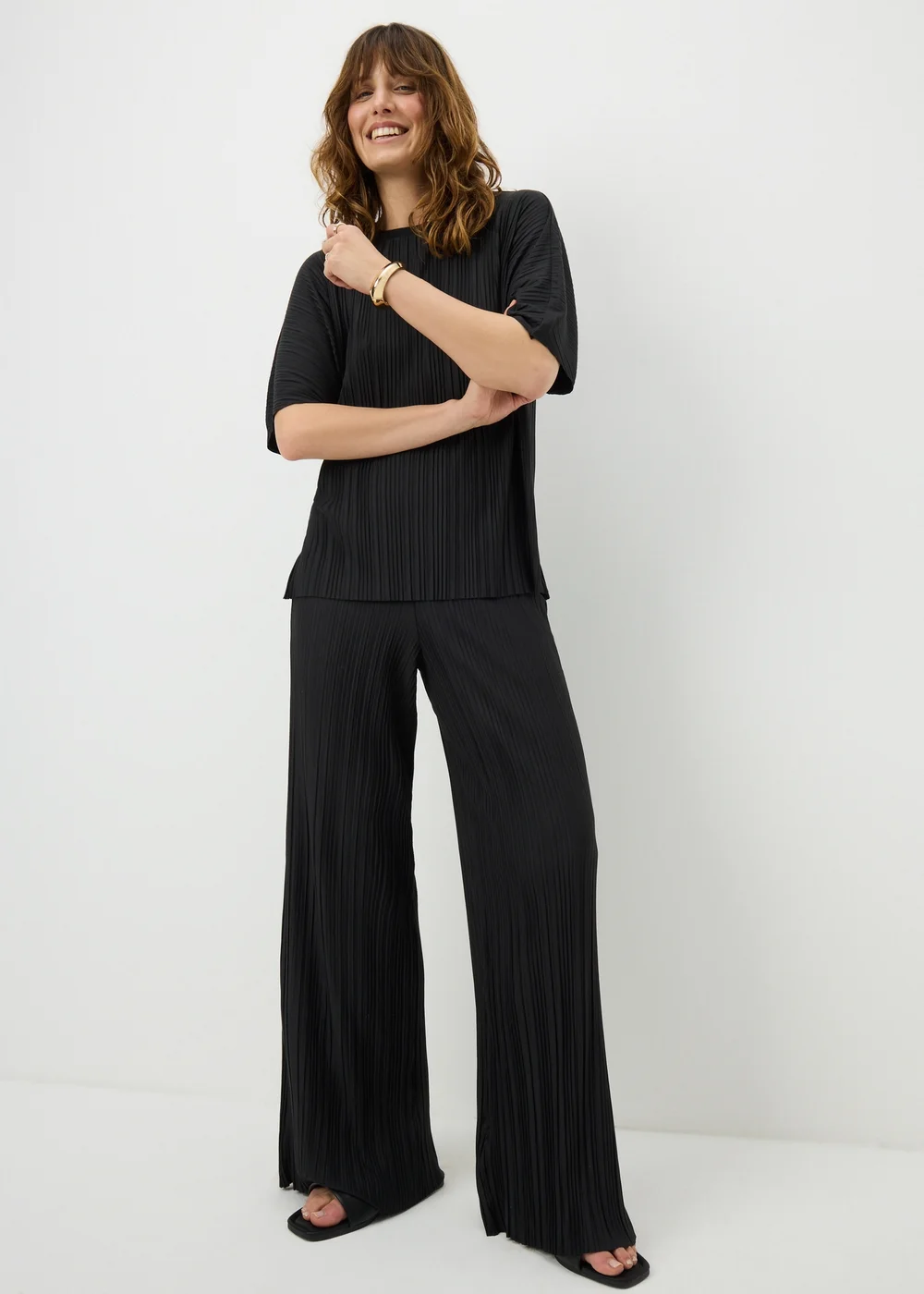 Black Plisse Wide Leg Co Ord Trousers - 14/L29 Image 1