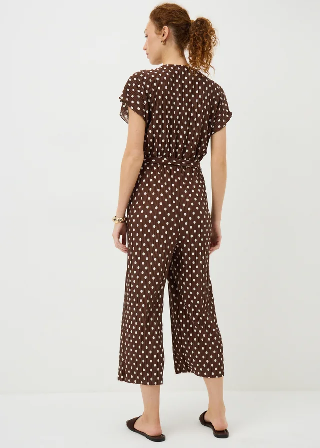 Brown Polka Dot Plisse Belted Jumpsuit